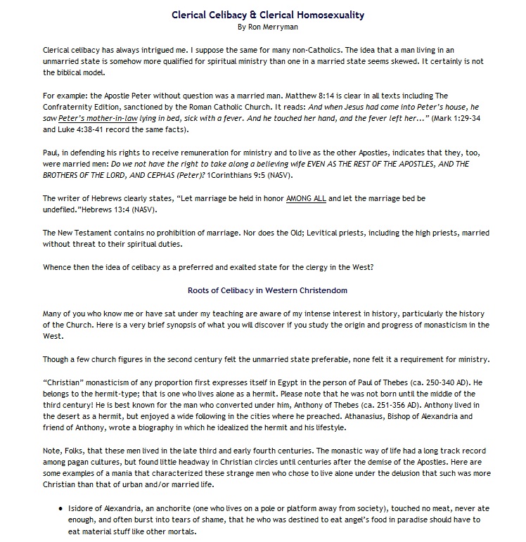 Clerical Celibacy & Clerical Homosexuality